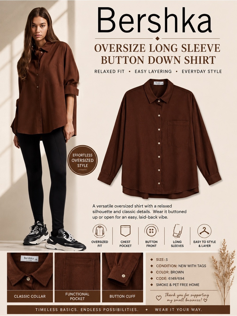 Bershka Brown Oversized Button Down Shirt NWT Size S